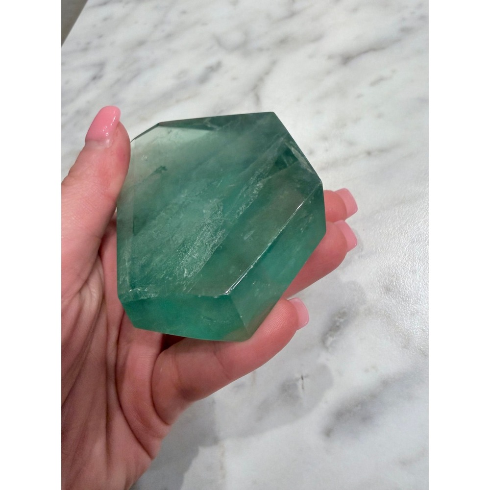 Polished Green Fluorite Crystal Geometric Freeform Specimen Palm Stone